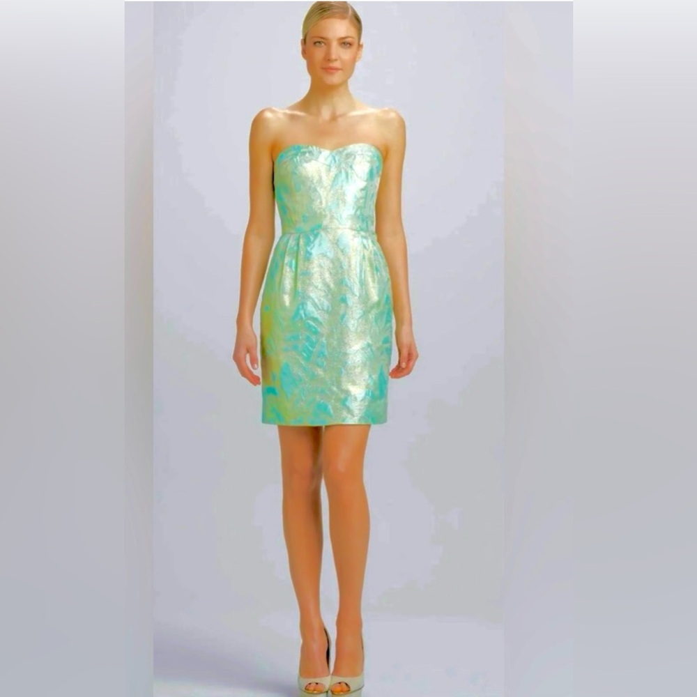 Kate Spade Iridescent strapless sheath Dress SeaFoam green & Gold Like New
